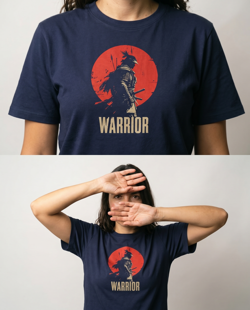gravisk Warrior organic graphic tee. A lone samurai against a red sun, WARRIOR in cream capitals.