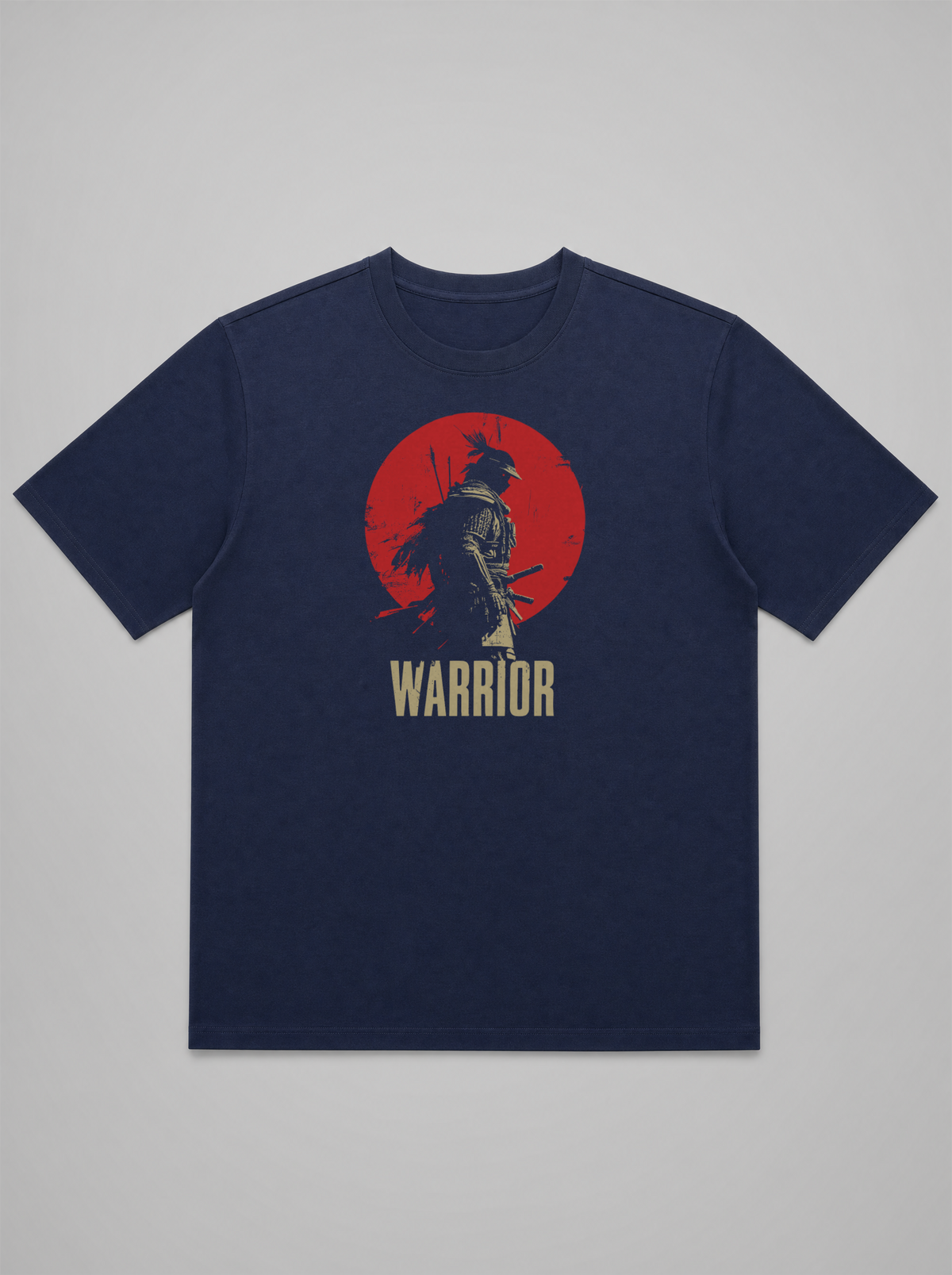 gravisk Warrior organic graphic tee. A lone samurai against a red sun, WARRIOR in cream capitals.