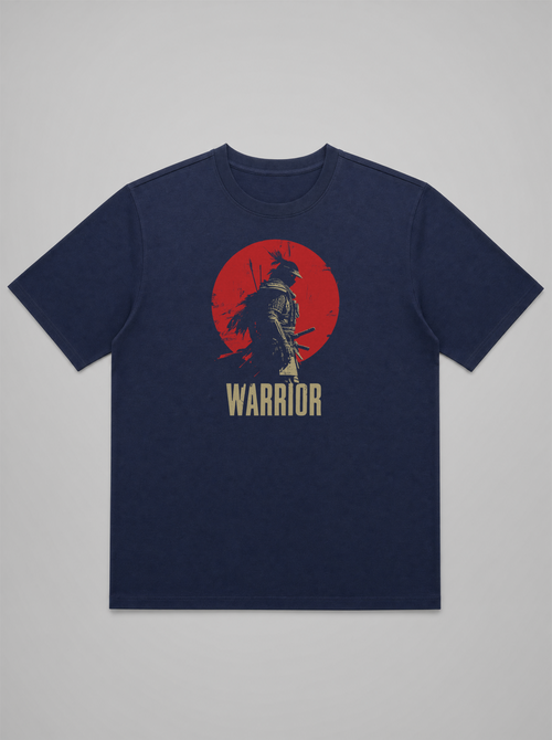 gravisk Warrior organic graphic tee. A lone samurai against a red sun, WARRIOR in cream capitals.