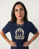 gravisk Watch the Rebellion organic graphic tee. Three figures in traditional dress before a pale moon, WATCH THE REBELLION.