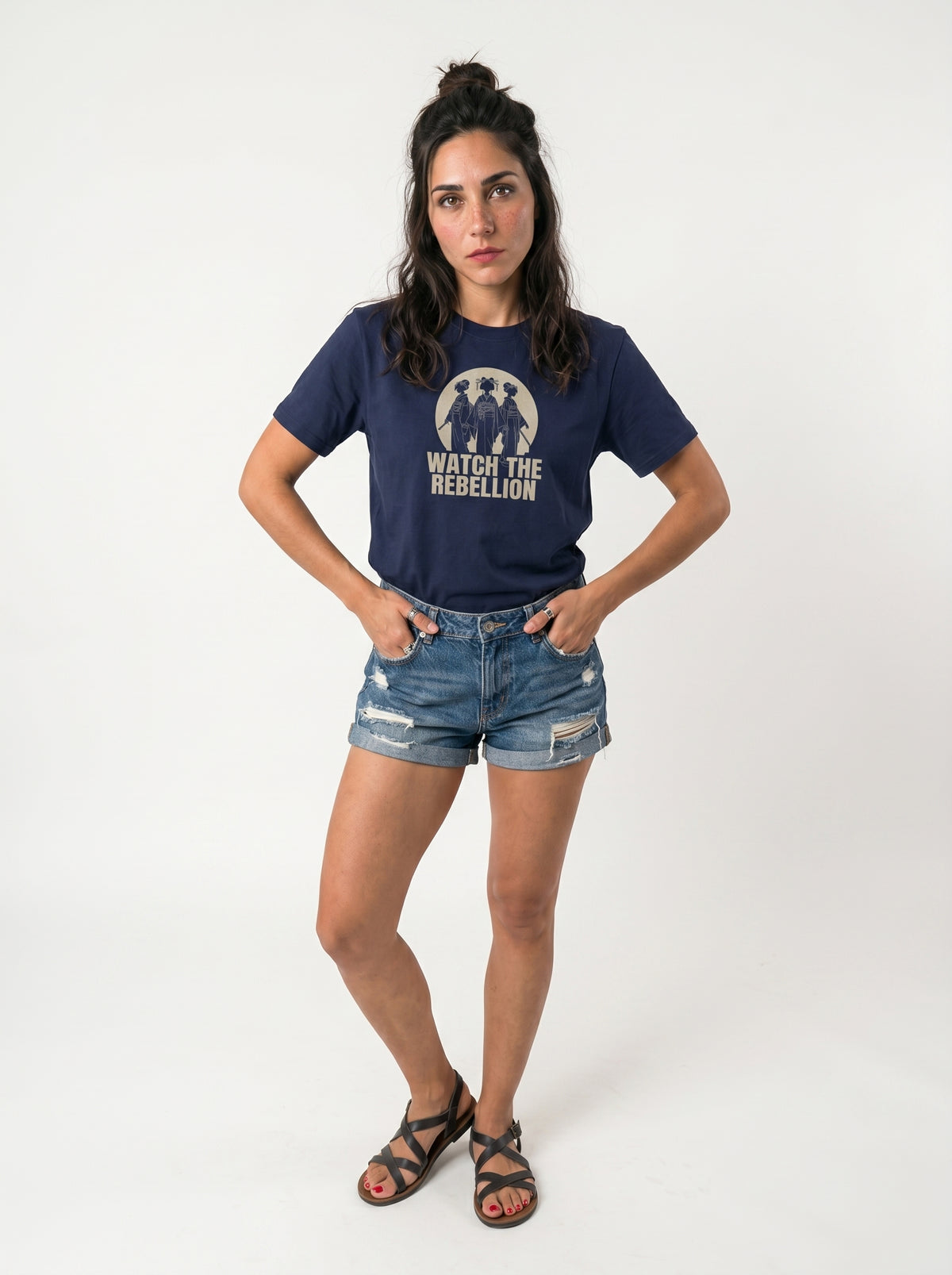 gravisk Watch the Rebellion organic graphic tee. Three figures in traditional dress before a pale moon, WATCH THE REBELLION.