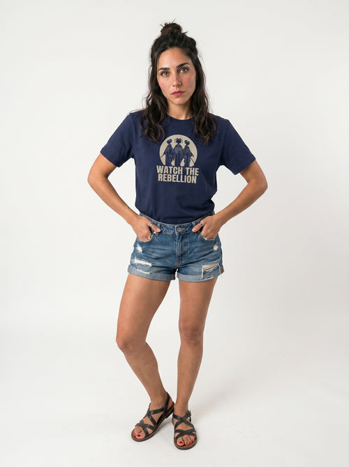 gravisk Watch the Rebellion organic graphic tee. Three figures in traditional dress before a pale moon, WATCH THE REBELLION.