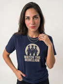 gravisk Watch the Rebellion organic graphic tee. Three figures in traditional dress before a pale moon, WATCH THE REBELLION.