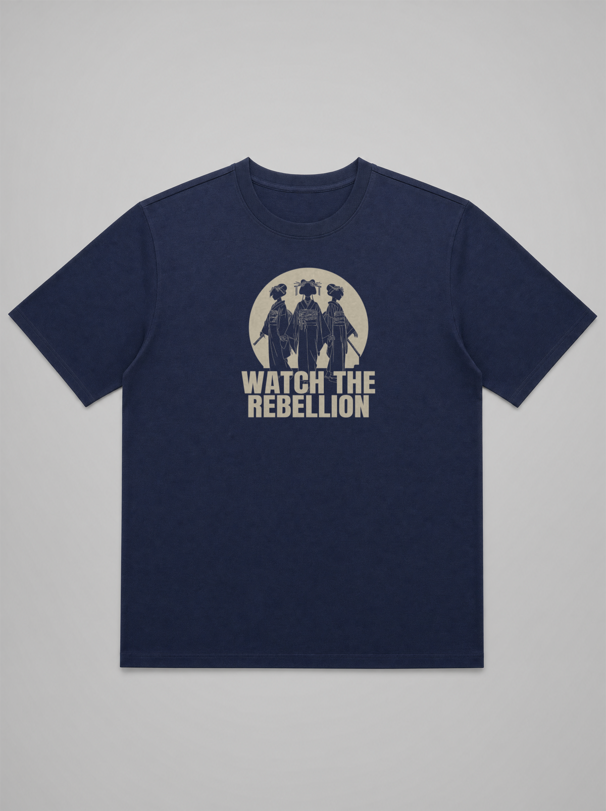 gravisk Watch the Rebellion organic graphic tee. Three figures in traditional dress before a pale moon, WATCH THE REBELLION.
