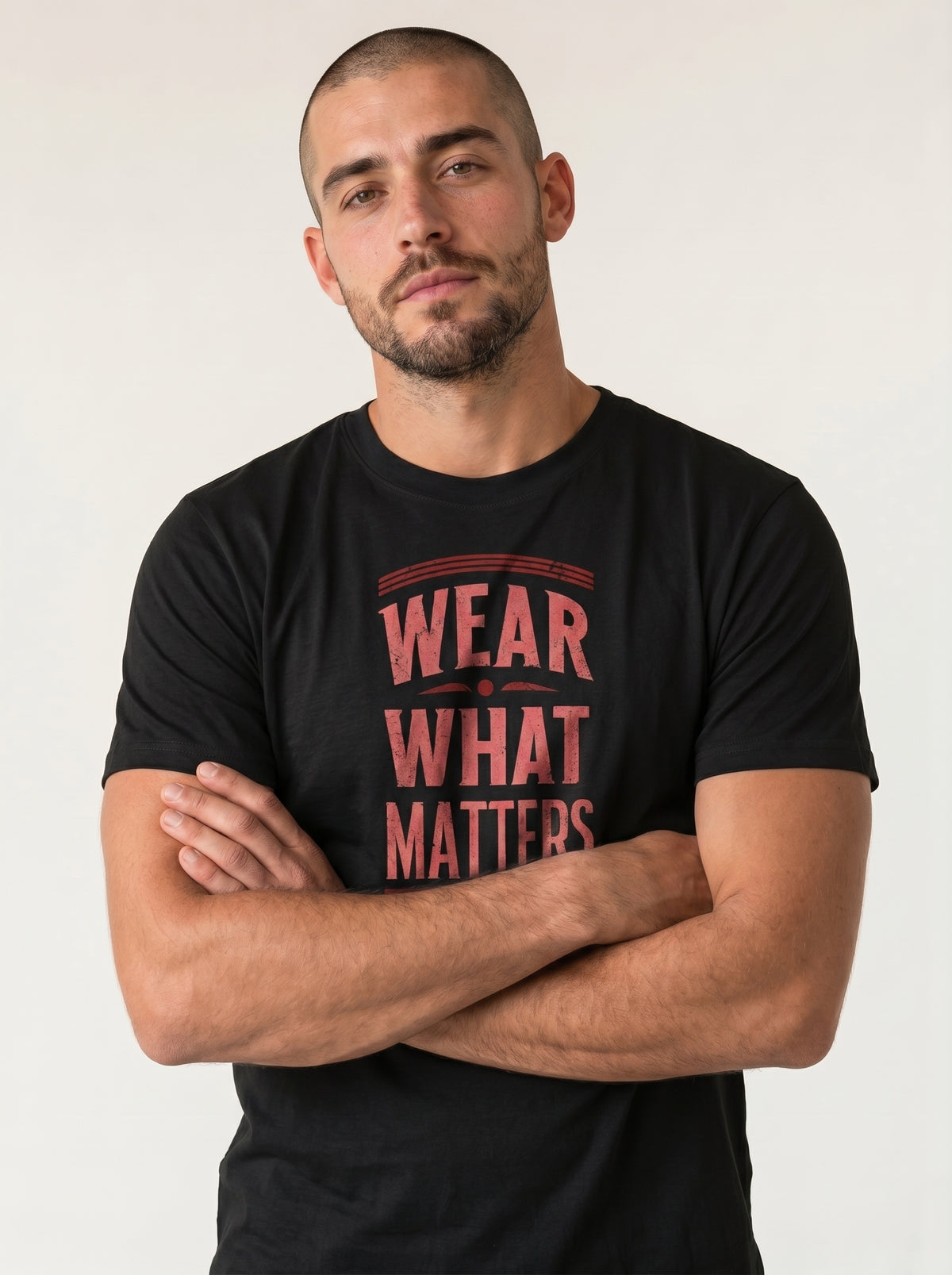gravisk Wear What Matters organic graphic tee. WEAR WHAT MATTERS in worn red capitals between thin rules.