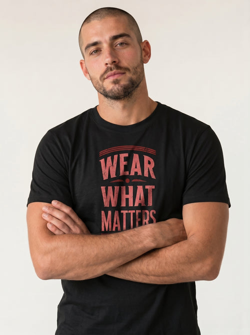 gravisk Wear What Matters organic graphic tee. WEAR WHAT MATTERS in worn red capitals between thin rules.