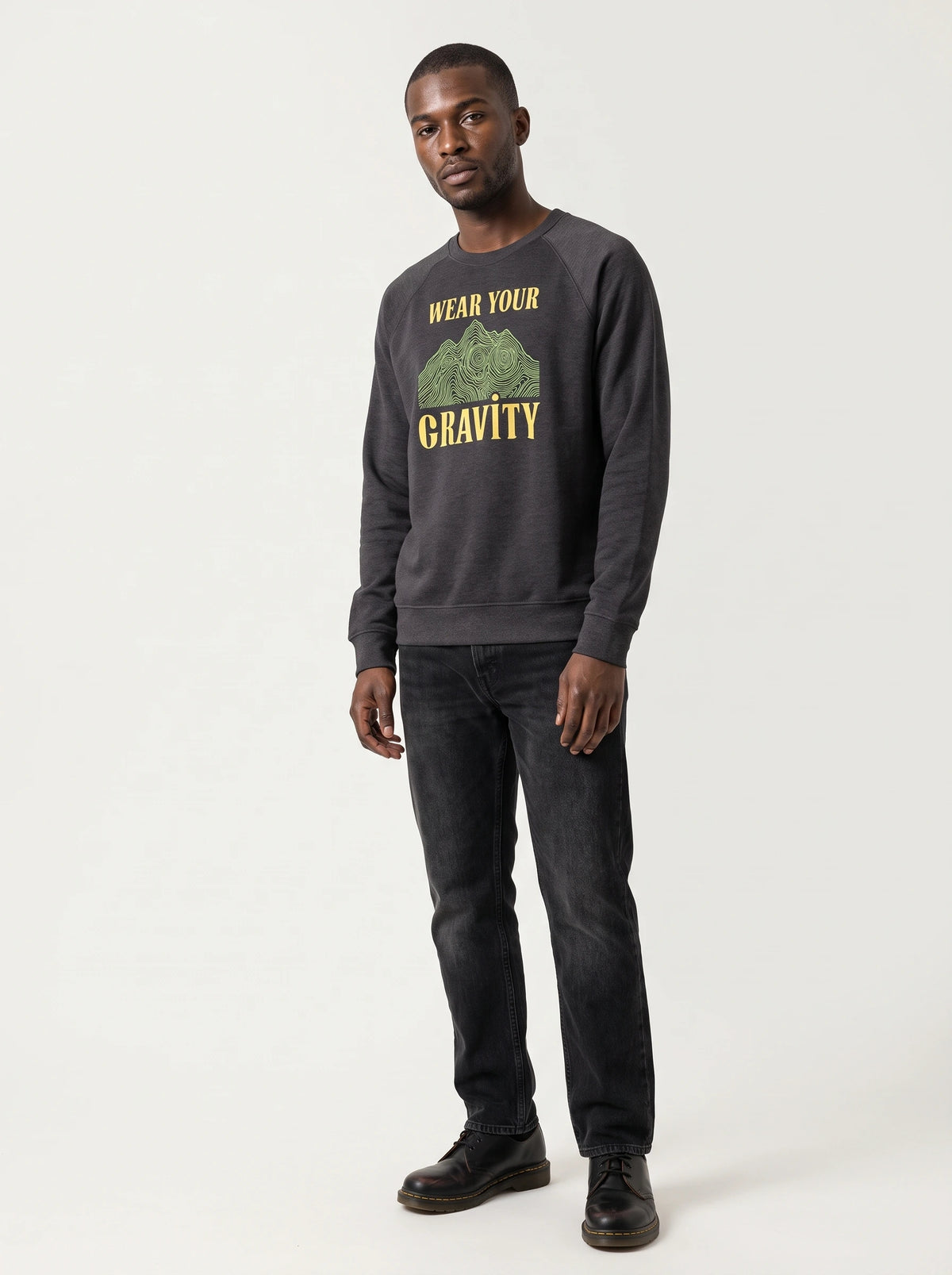 gravisk Wear Your Gravity v1 graphic sweatshirt in organic cotton. Topographic mountain in contour lines framed by vintage lettering.