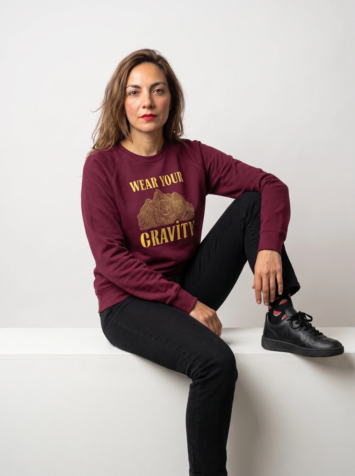 gravisk Wear Your Gravity v1 graphic sweatshirt in organic cotton. Topographic mountain in contour lines framed by vintage lettering.