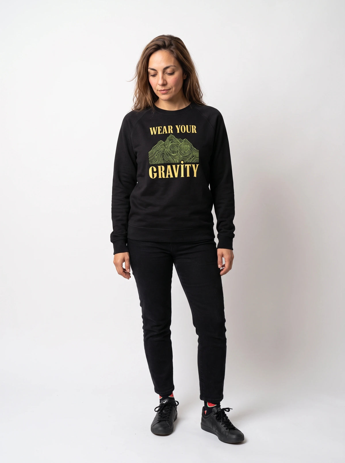gravisk Wear Your Gravity v1 graphic sweatshirt in organic cotton. Topographic mountain in contour lines framed by vintage lettering.