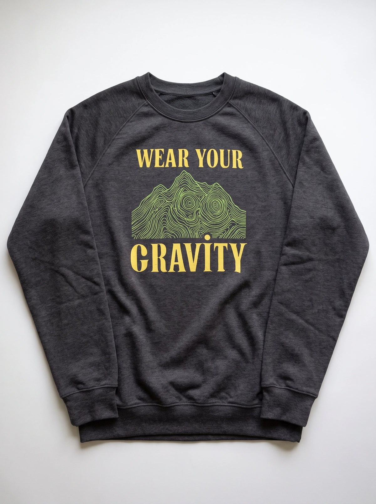 gravisk Wear Your Gravity v1 graphic sweatshirt in organic cotton. Topographic mountain in contour lines framed by vintage lettering.