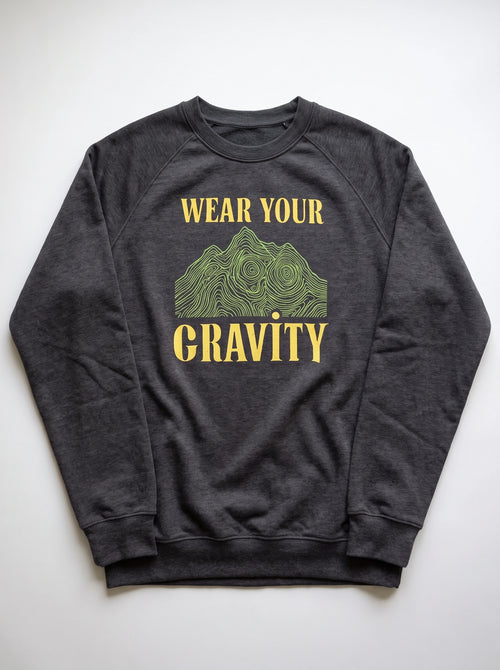 gravisk Wear Your Gravity v1 graphic sweatshirt in organic cotton. Topographic mountain in contour lines framed by vintage lettering.