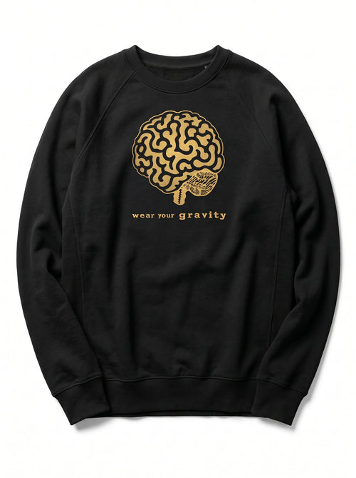 gravisk Wear Your Gravity v2 graphic sweatshirt in organic cotton. Ochre brain illustration in engraving style with the brand line below.