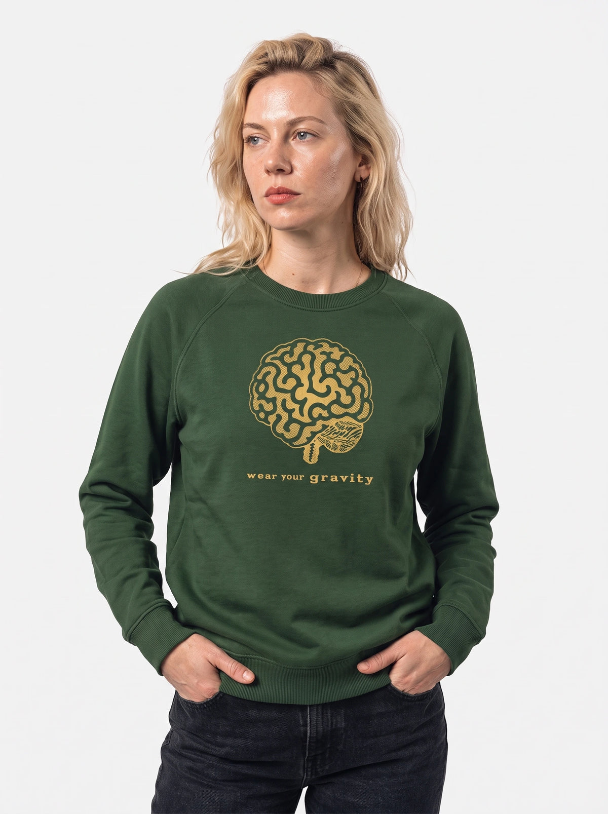 gravisk Wear Your Gravity v2 graphic sweatshirt in organic cotton. Ochre brain illustration in engraving style with the brand line below.