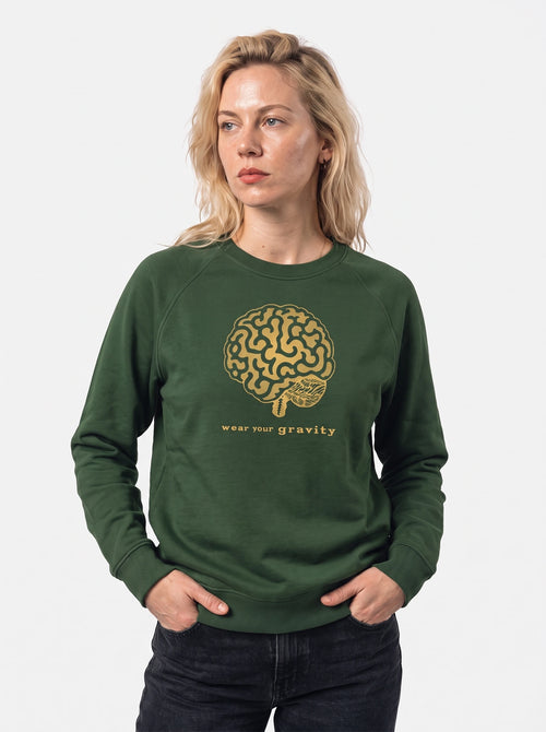 gravisk Wear Your Gravity v2 graphic sweatshirt in organic cotton. Ochre brain illustration in engraving style with the brand line below.