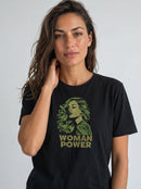 gravisk Woman Power organic graphic tee. Olive green portrait of a woman with flowing hair, WOMAN POWER below.