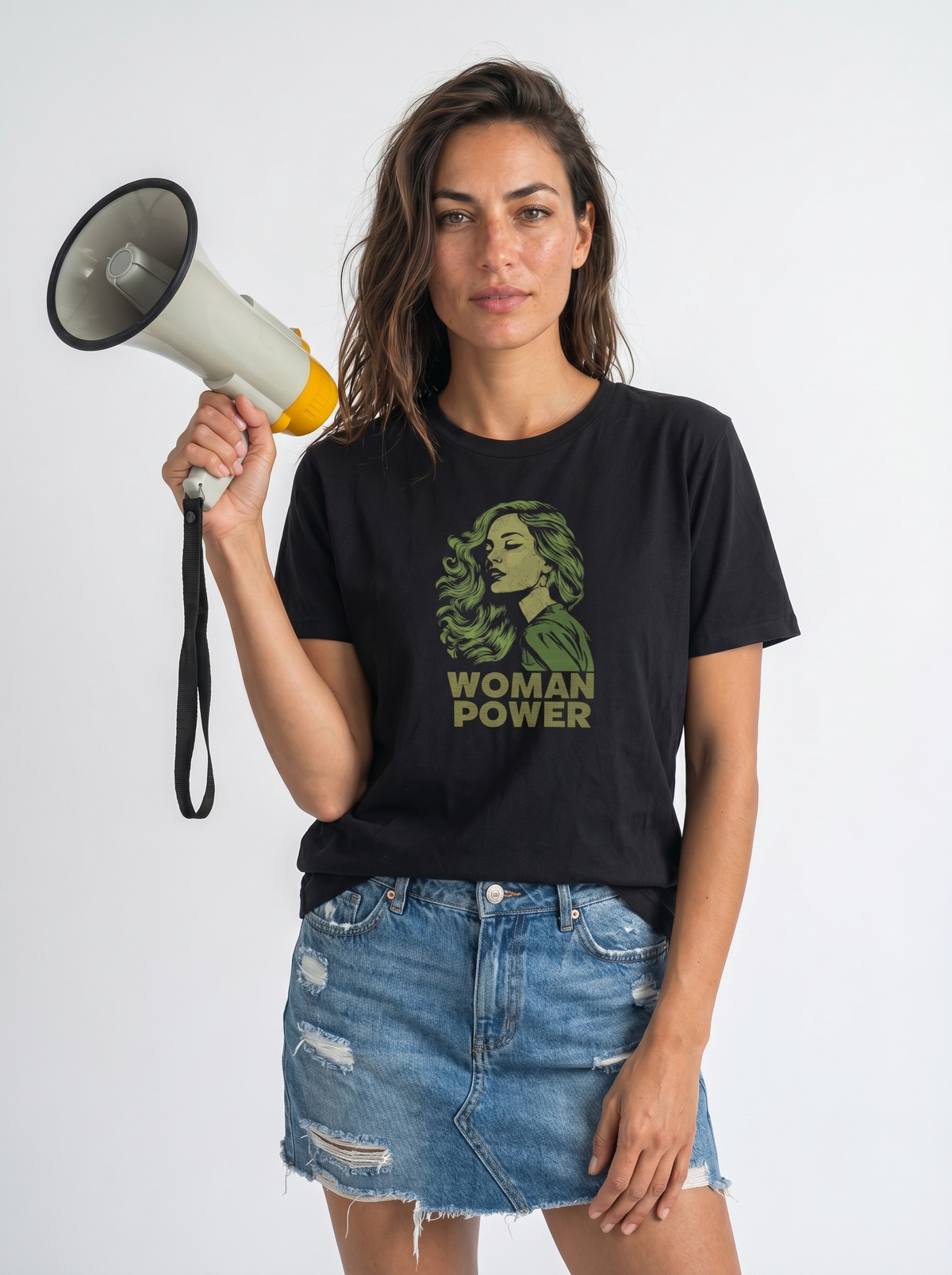 gravisk Woman Power organic graphic tee. Olive green portrait of a woman with flowing hair, WOMAN POWER below.