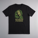 gravisk Woman Power organic graphic tee. Olive green portrait of a woman with flowing hair, WOMAN POWER below.