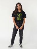 gravisk Woman Power organic graphic tee. Acid green illustrated portrait of a woman, WOMAN POWER in the corner.