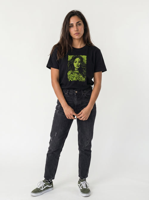 gravisk Woman Power organic graphic tee. Acid green illustrated portrait of a woman, WOMAN POWER in the corner.