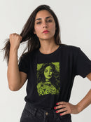 gravisk Woman Power organic graphic tee. Acid green illustrated portrait of a woman, WOMAN POWER in the corner.