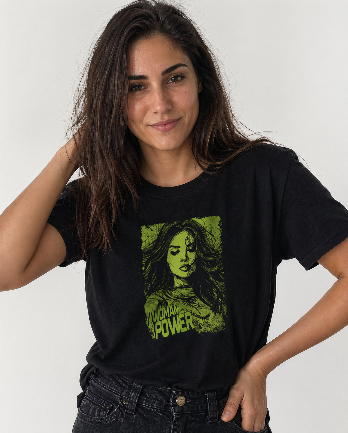 gravisk Woman Power organic graphic tee. Acid green illustrated portrait of a woman, WOMAN POWER in the corner.