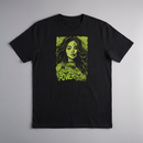 gravisk Woman Power organic graphic tee. Acid green illustrated portrait of a woman, WOMAN POWER in the corner.