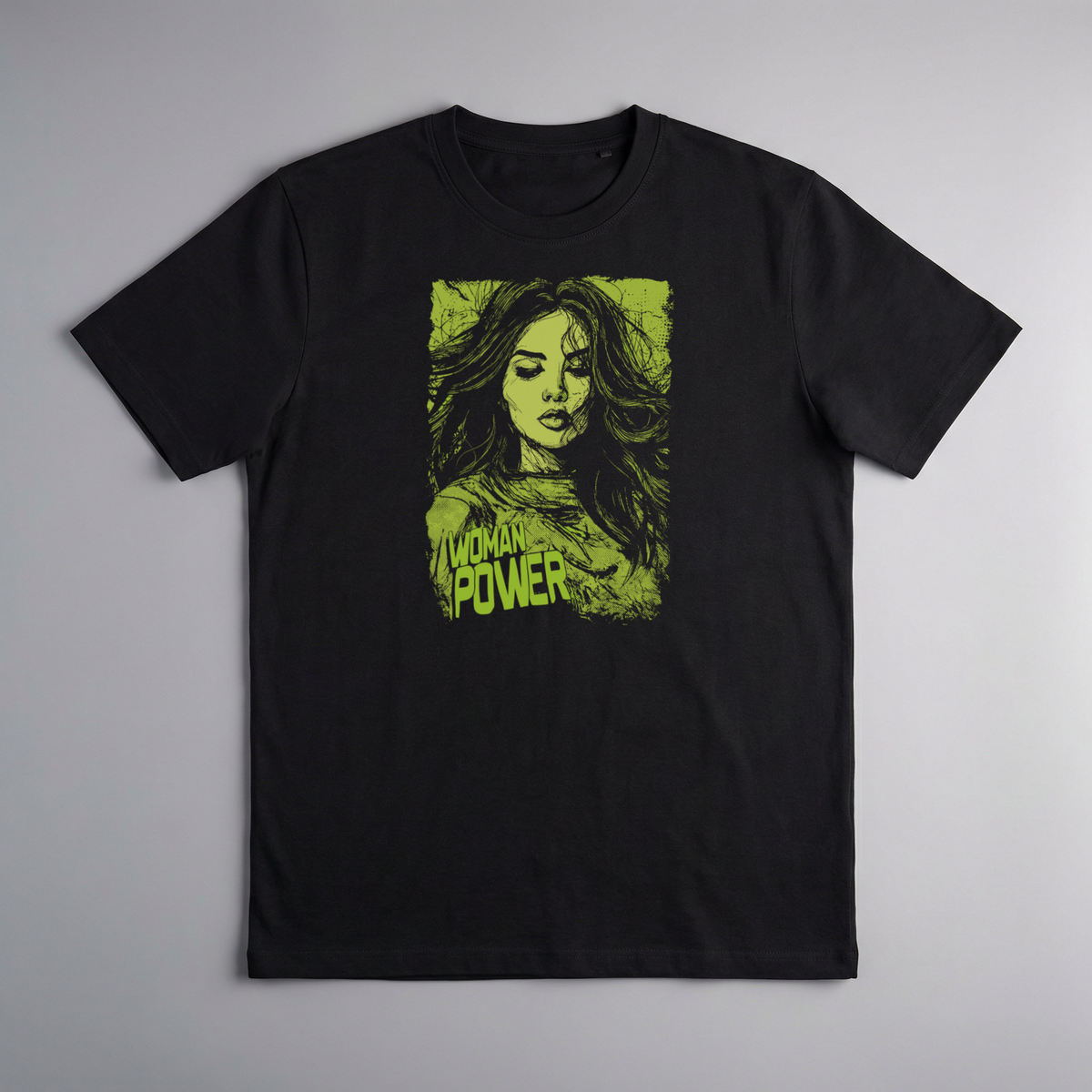 gravisk Woman Power organic graphic tee. Acid green illustrated portrait of a woman, WOMAN POWER in the corner.