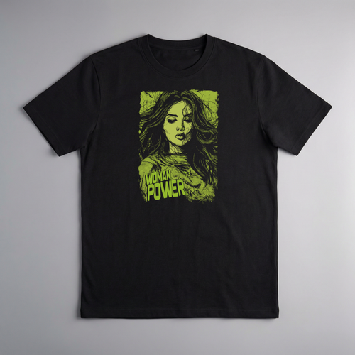 gravisk Woman Power organic graphic tee. Acid green illustrated portrait of a woman, WOMAN POWER in the corner.