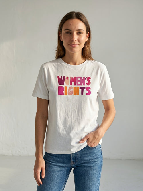 gravisk Women’s Rights. No Compromise. organic graphic tee. WOMEN'S RIGHTS in chunky hand-cut letters in pinks, reds and mustard.