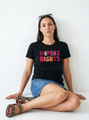 gravisk Women’s Rights. No Compromise. organic graphic tee. WOMEN'S RIGHTS in chunky hand-cut letters in pinks, reds and mustard.