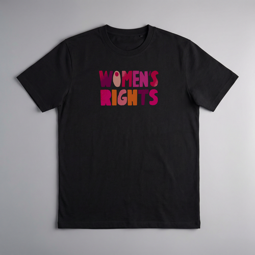 gravisk Women’s Rights. No Compromise. organic graphic tee. WOMEN'S RIGHTS in chunky hand-cut letters in pinks, reds and mustard.
