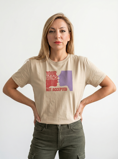 gravisk Your Silence Not Accepted organic graphic tee. Dripping red YOUR SILENCE, two facing silhouettes, NOT ACCEPTED.