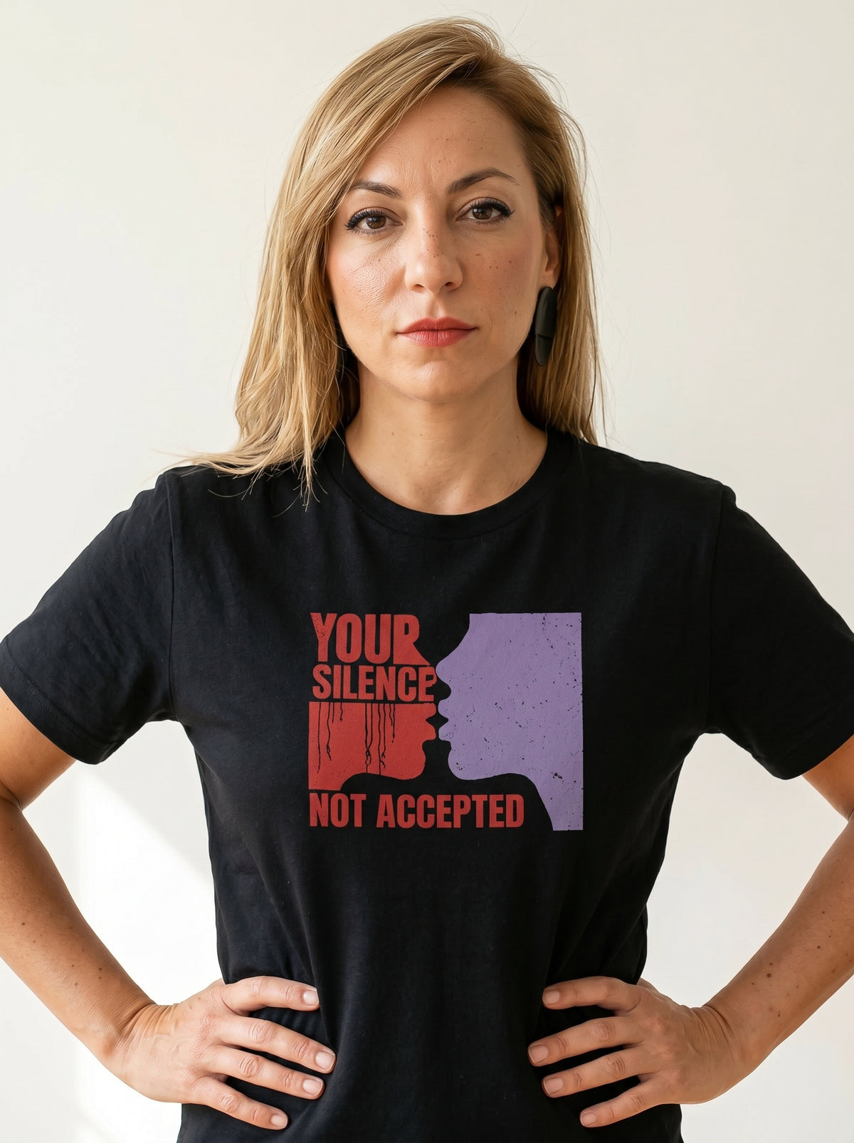 gravisk Your Silence Not Accepted organic graphic tee. Dripping red YOUR SILENCE, two facing silhouettes, NOT ACCEPTED.