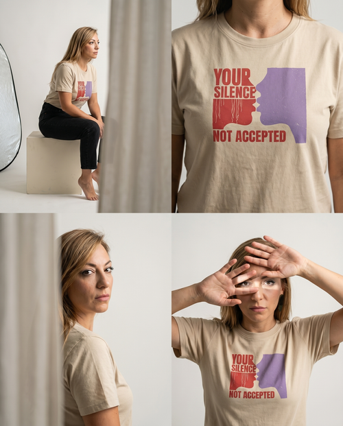 gravisk Your Silence Not Accepted organic graphic tee. Dripping red YOUR SILENCE, two facing silhouettes, NOT ACCEPTED.