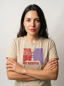 gravisk Your Silence Not Accepted organic graphic tee. Dripping red YOUR SILENCE, two facing silhouettes, NOT ACCEPTED.