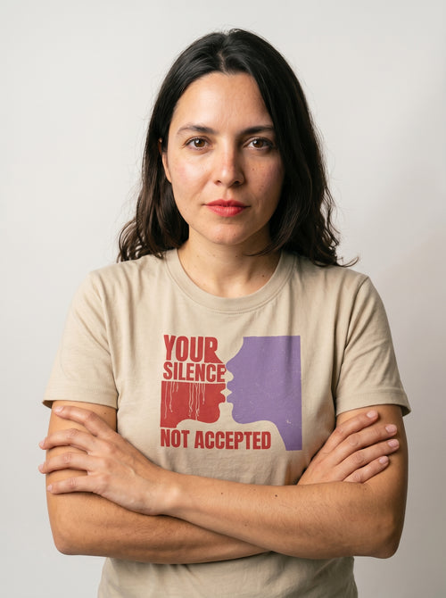 gravisk Your Silence Not Accepted organic graphic tee. Dripping red YOUR SILENCE, two facing silhouettes, NOT ACCEPTED.
