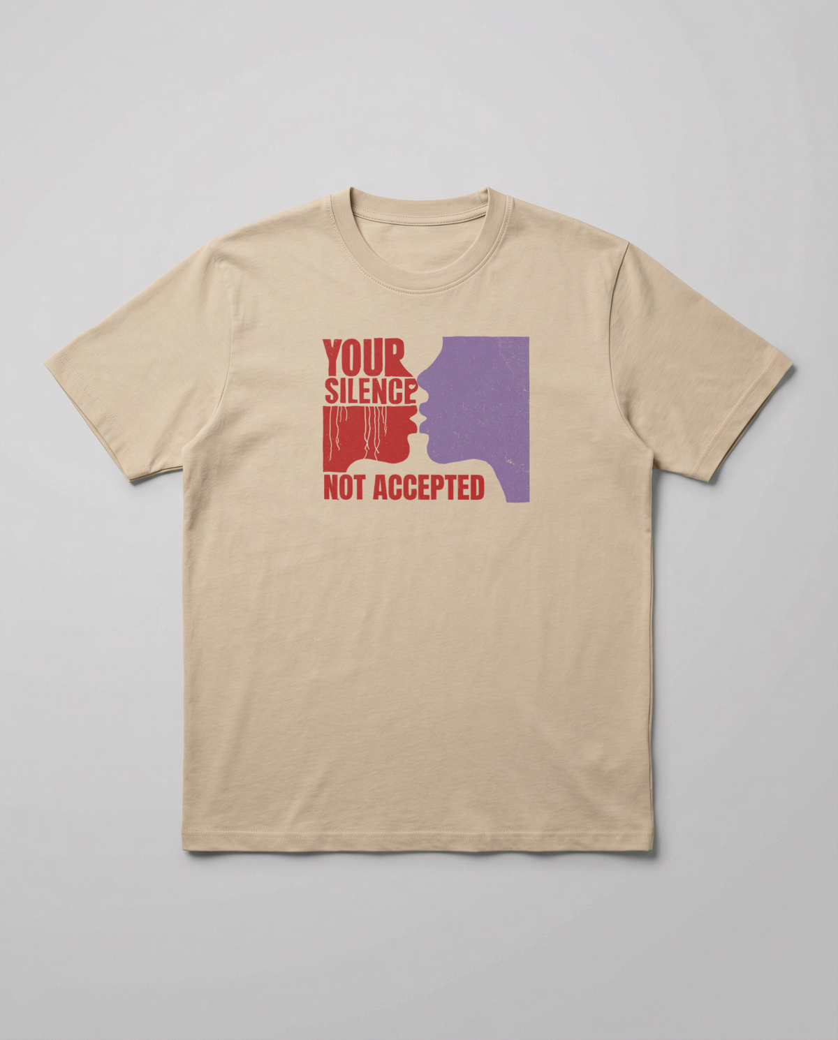 gravisk Your Silence Not Accepted organic graphic tee. Dripping red YOUR SILENCE, two facing silhouettes, NOT ACCEPTED.