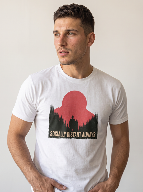 gravisk Socially Distant Always organic graphic tee. Pine treeline and a lone figure under a big red sun.