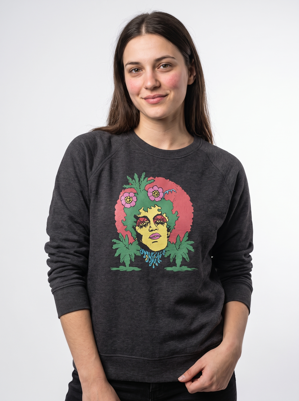 gravisk Overgrown graphic sweatshirt in organic cotton. Hand-drawn psychedelic face with hair turning into leaves, flowers and roots.