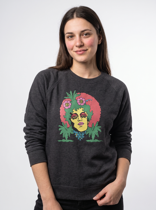 gravisk Overgrown graphic sweatshirt in organic cotton. Hand-drawn psychedelic face with hair turning into leaves, flowers and roots.