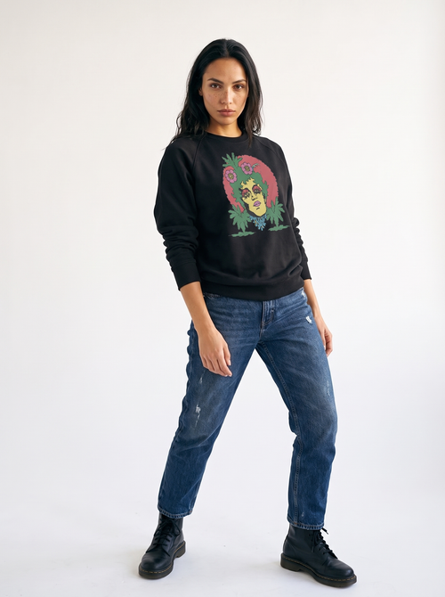 gravisk Overgrown graphic sweatshirt in organic cotton. Hand-drawn psychedelic face with hair turning into leaves, flowers and roots.