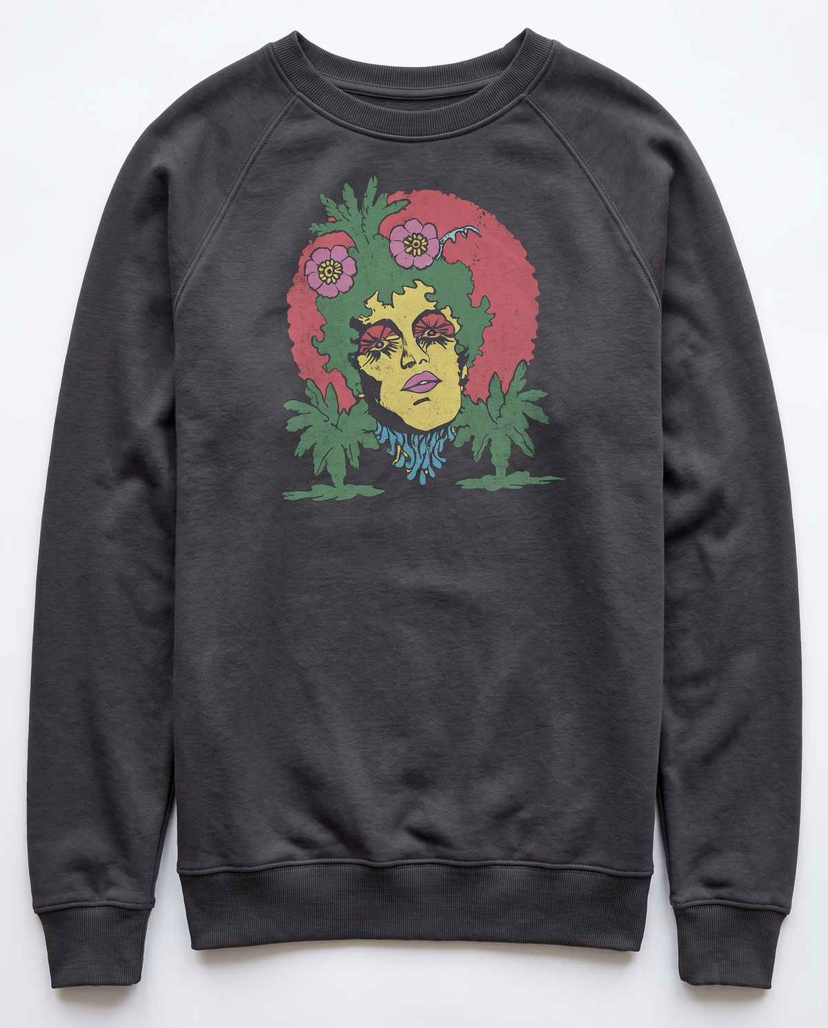 gravisk Overgrown graphic sweatshirt in organic cotton. Hand-drawn psychedelic face with hair turning into leaves, flowers and roots.