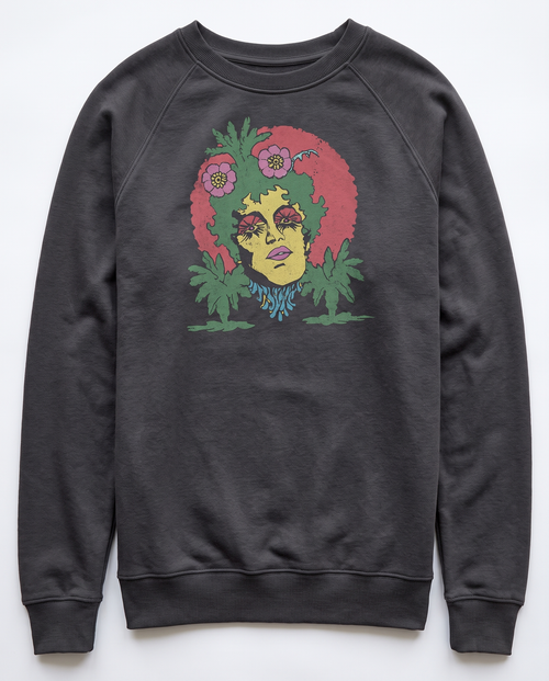 gravisk Overgrown graphic sweatshirt in organic cotton. Hand-drawn psychedelic face with hair turning into leaves, flowers and roots.