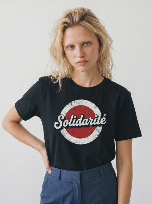 Person wearing a black t-shirt with 'Solidarité' graphic design on a plain background