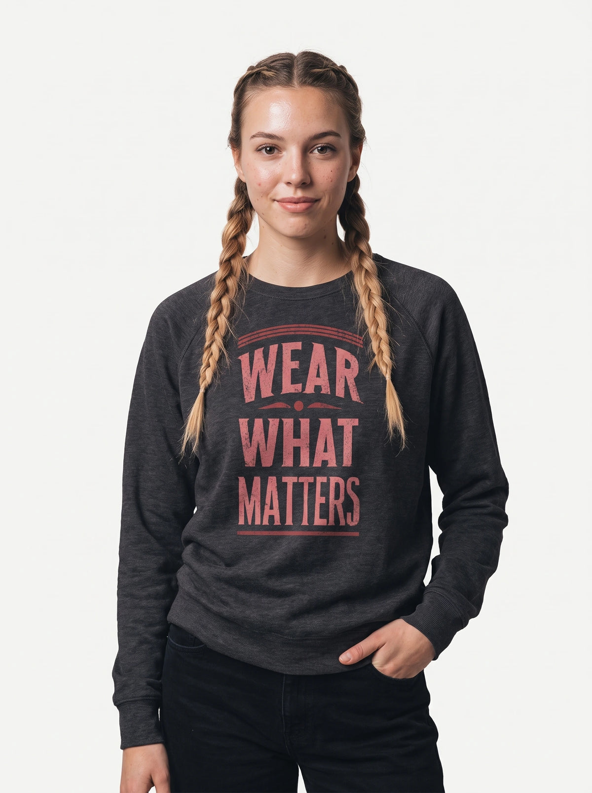 gravisk Wear What Matters graphic sweatshirt in organic cotton. Stacked vintage lettering framed by simple lines.