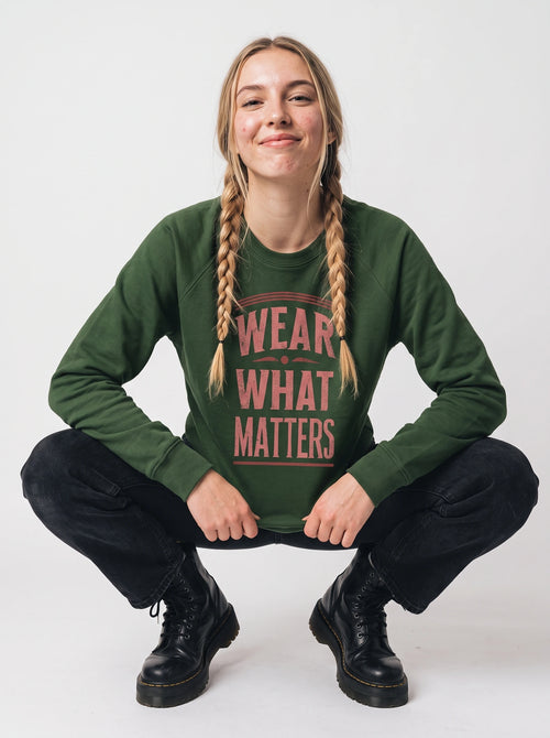gravisk Wear What Matters graphic sweatshirt in organic cotton. Stacked vintage lettering framed by simple lines.