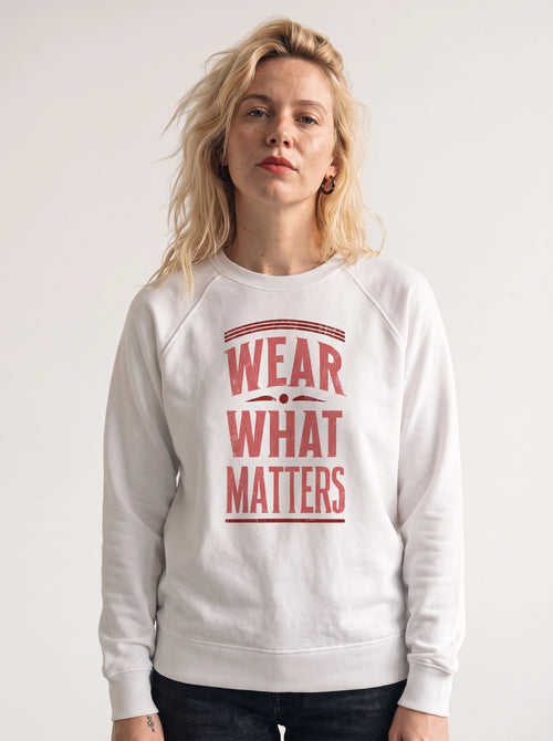 gravisk Wear What Matters graphic sweatshirt in organic cotton. Stacked vintage lettering framed by simple lines.