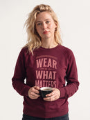 gravisk Wear What Matters graphic sweatshirt in organic cotton. Stacked vintage lettering framed by simple lines.