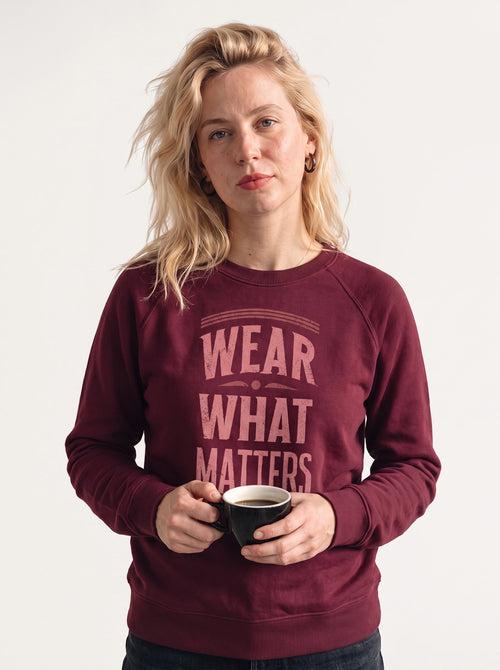 gravisk Wear What Matters graphic sweatshirt in organic cotton. Stacked vintage lettering framed by simple lines.